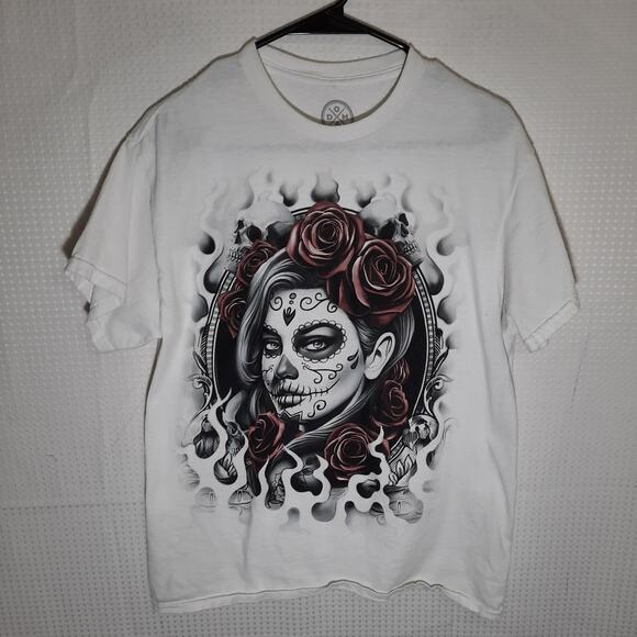 ODM Shirt M Day of the Dead Skull Girl Roses Tattoo Art White Graphic Tee - Picture 1 of 5
